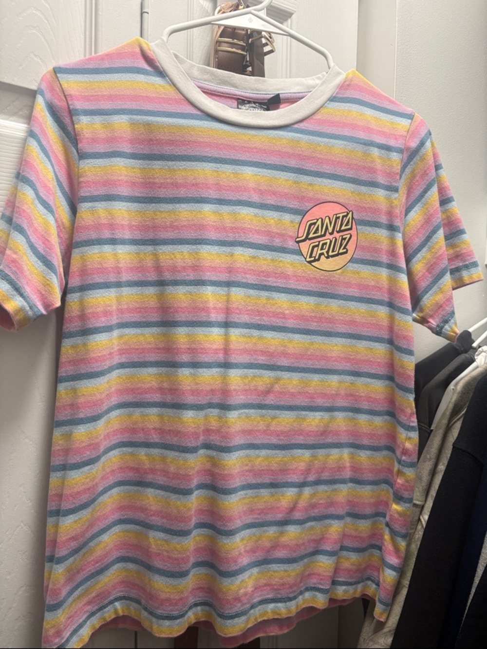 Santa Cruz Skateboards Pastel Multi-Stripe Logo Tee - Pink Blue Yellow Cream